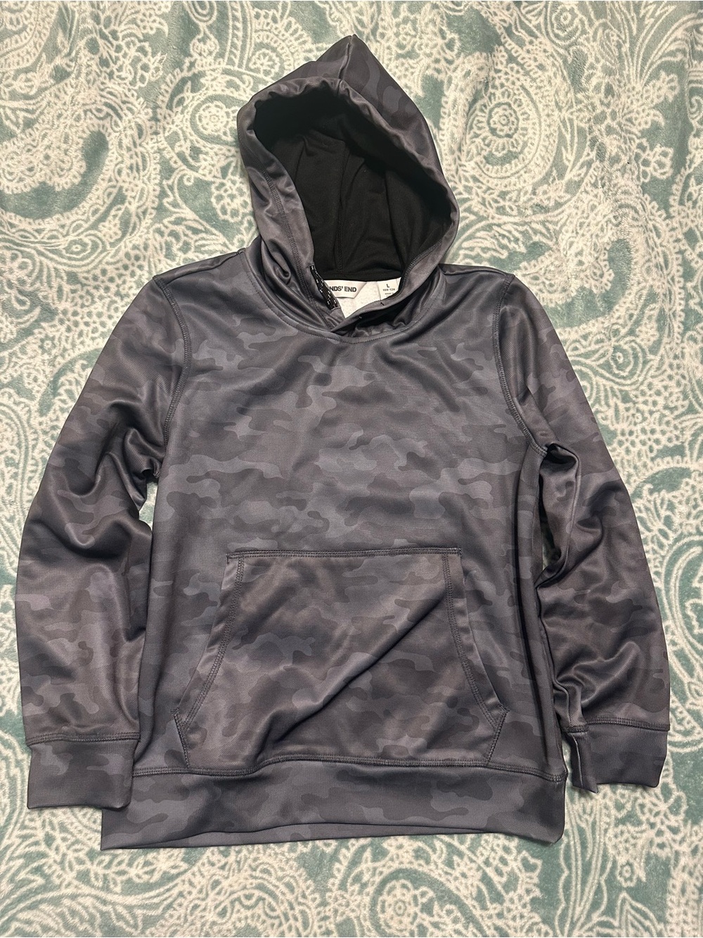Lands End Boys Camo Hoodie Husky 10H-12H Kangaroo Pocket Safety Drawstring